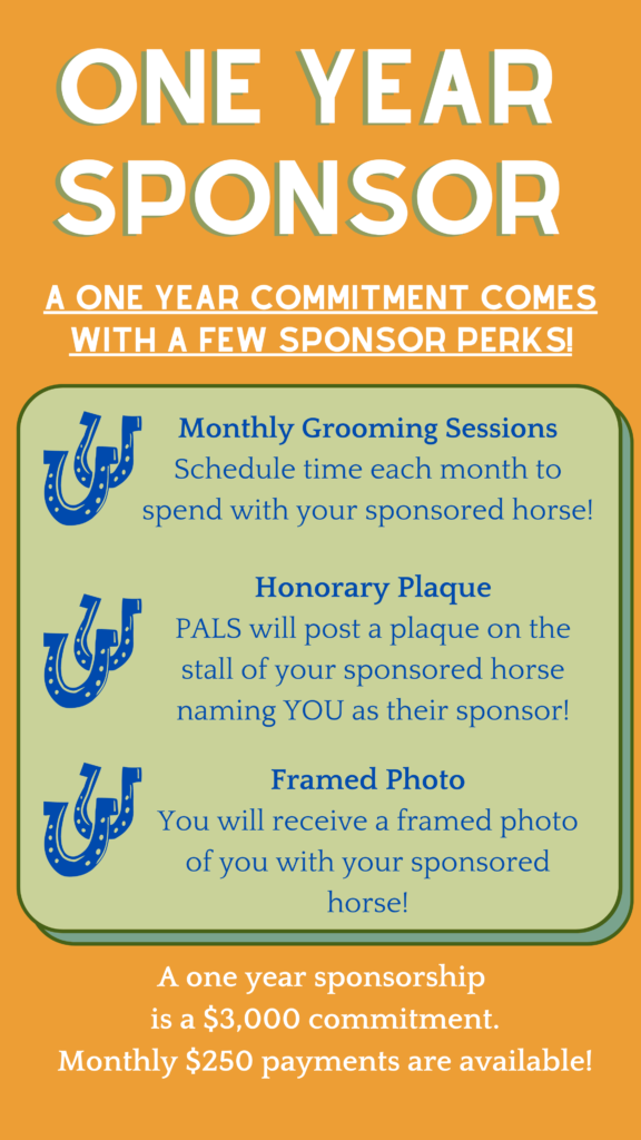 ONE Year Sponsor: A one year commitment comes with a few sponsor perks! Monthly Grooming Sessions Schedule time each month to spend with your sponsored horse! Honorary Plaque PALS will post a plaque on the stall of your sponsored horse naming YOU as their sponsor! Framed Photo You will receive a framed photo of you with your sponsored horse! A one year sponsorship is a $3,000 commitment. Monthly $250 payments are available!