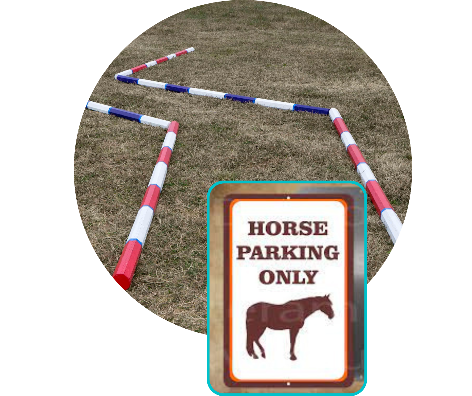 Striped red white and blue ground poles and a horse parking sign.